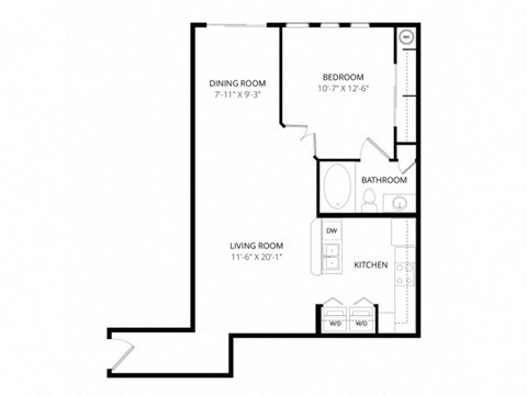 Floor plan for 1 bed, 1 bath, 707 sqft